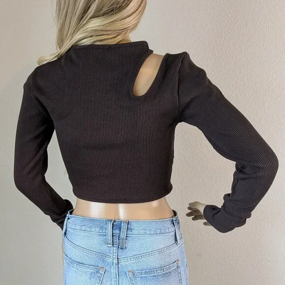 Zara Top Women's Large Brown Cropped Ribbed Cut-Out Long Sleeve Asymmetric Shirt - Picture 3 of 13